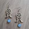 Hollow Pentagram Moon Design With Round Blue Synthetic Gems Decor Dangle Earrings Goth Style Alloy Jewelry Trendy Female Gift