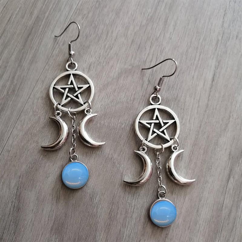 Hollow Pentagram Moon Design With Round Blue Synthetic Gems Decor Dangle Earrings Goth Style Alloy Jewelry Trendy Female Gift