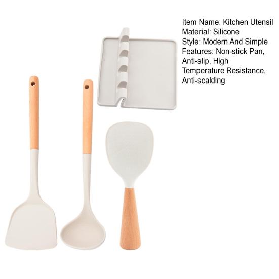 4Pcs Kitchen Utensil Set Multi-Functional Silicone Spatula Soup Spoon Rice Spoon with Storage Tray Heat Resistant Cooking Tools for Frying Serving