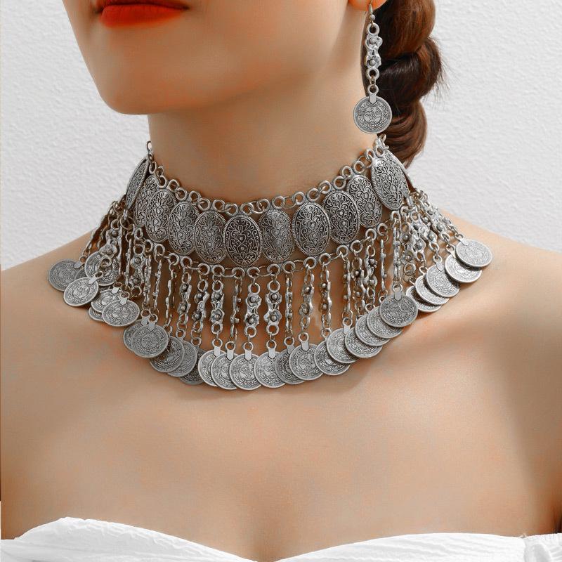 Set di Gioielli con Nappe e Monete Retro: Orecchini e Collana Moda Europei e Americani per Donna