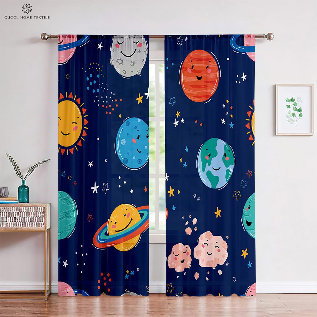 Custom Cartoon Animation Window Drapes Universe Star Pattern Bed Room Living Area Kitchen Ornamental Drapes 2 Pieces