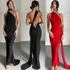 Womens Sleeveless Side One Shoulder Maxi Dress Sexy Backless  Spaghetti Strap Long Dresses for Beach Party Evening Prom Women Clothing Black Dress