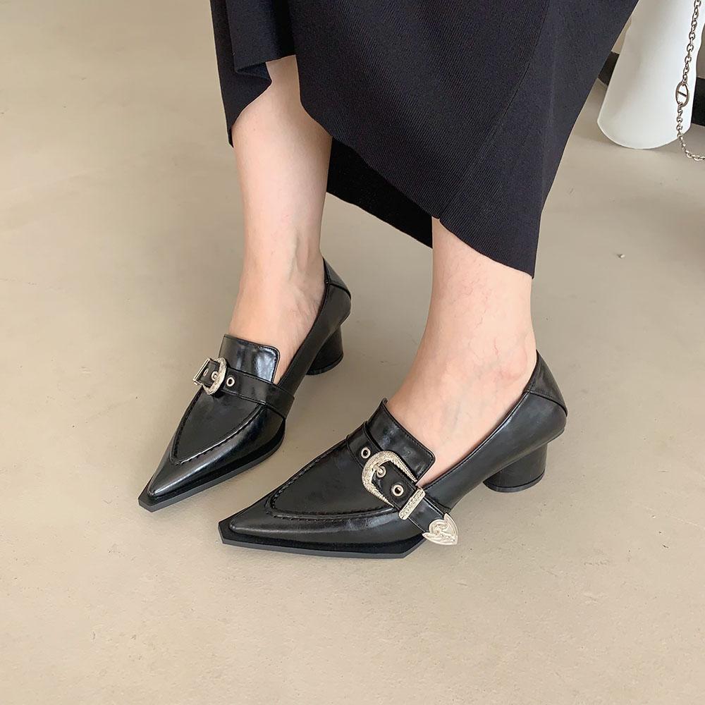 Fashion Fashion Women Pumps Shallow Slip On Belt Buckle Black White Brown Office Pumps Round Mid Heels Dress Shoes Woman Size 35-39