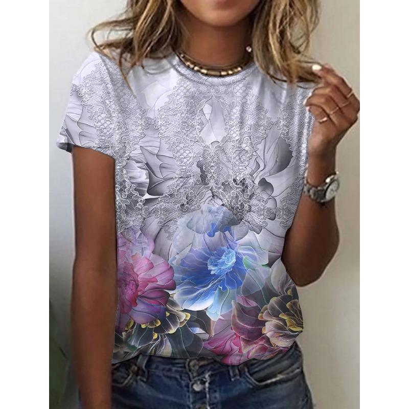 Women's 3D Summer Personalized Fresh Flower Printed Round Neck Flower Painting Short Sleeve T-shirt