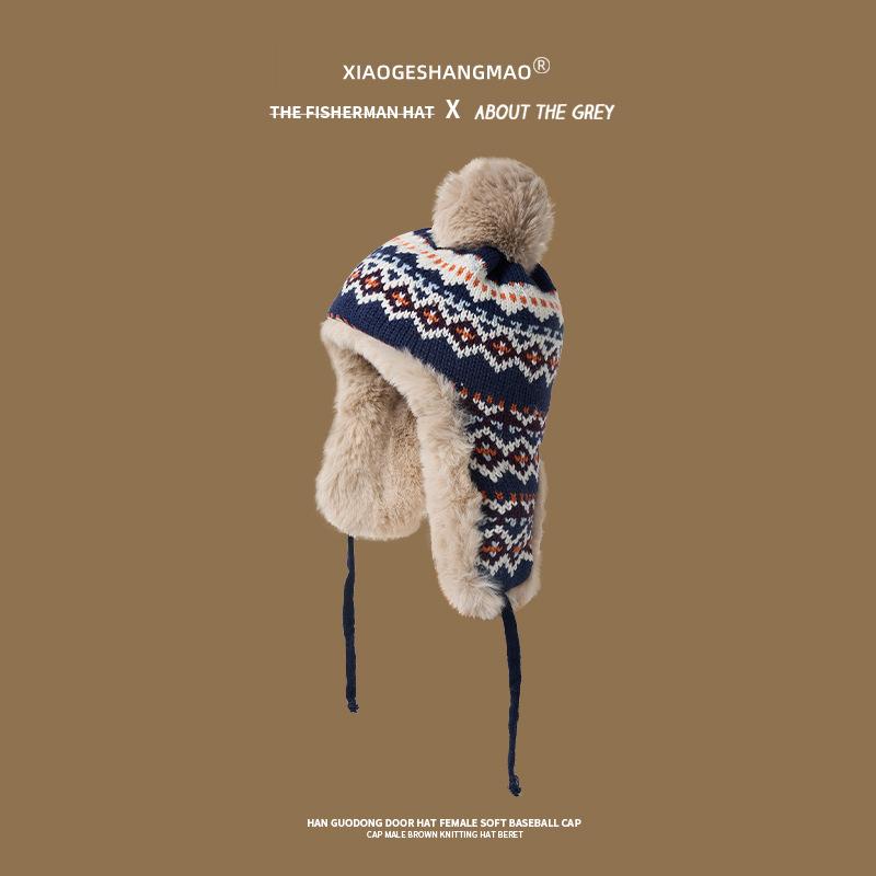 Winter Girls Sweet and Cute Plush Thickened Plush Ear Protectors Knitted Hat Warm Wool Hat Men