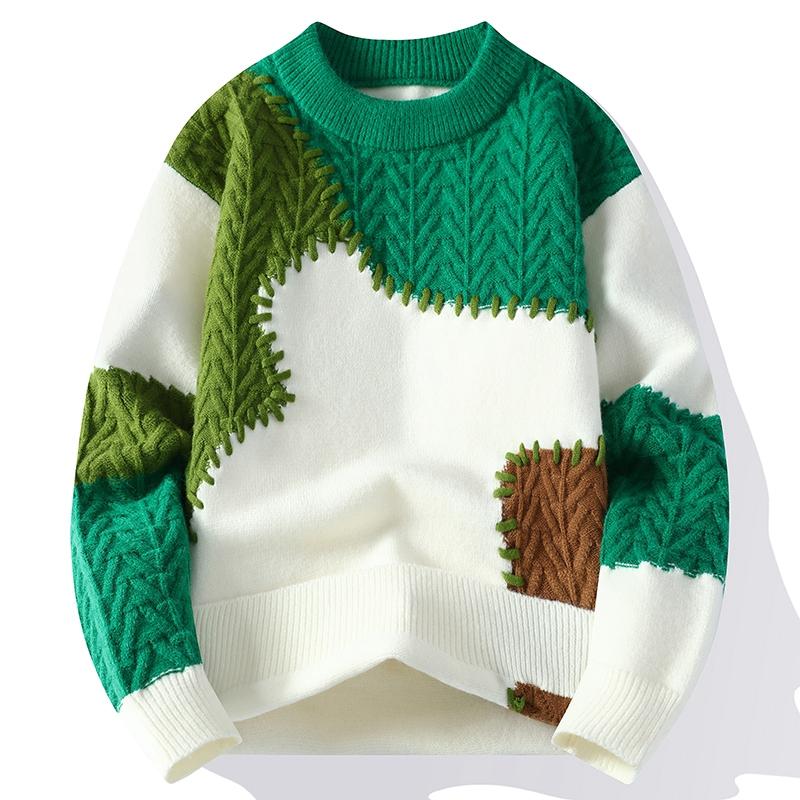 Men's Clothing Autumn Winter Round Neck Pullover Lantern Long Sleeve Contrast Color Screw Thread Sweater Knitted Casual Tops