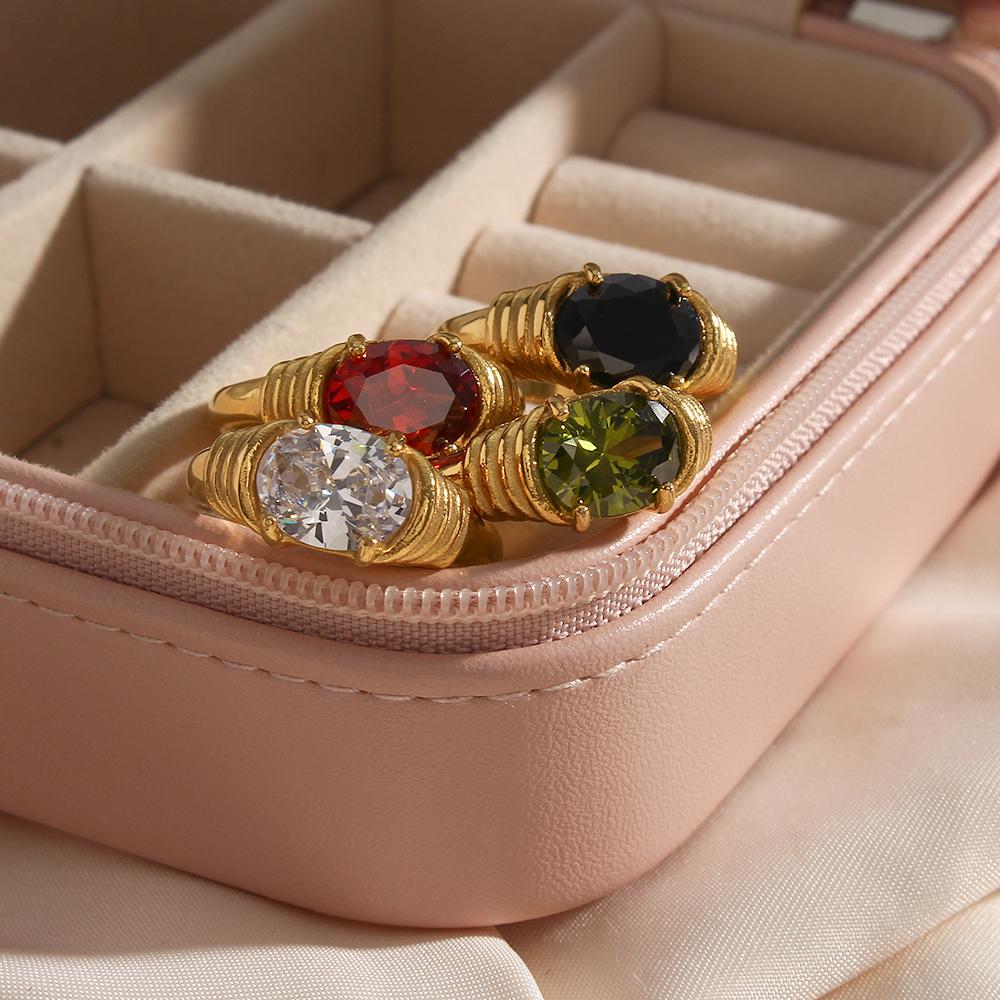 Strong Prong Setting Oval Cutt 3A Zircon Shiny Green Red Black White Stone Ring Stainless Steel Gold Plated Rings For Women
