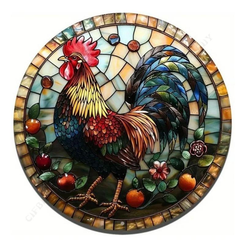 Kippenhok Rond Tinnen Bord, Boerderijstijl 20x20cm