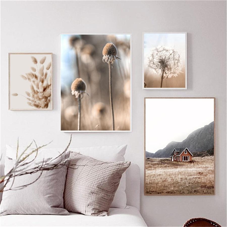 Beige Reed Dandelion Grass Cow Natural Wall Art Nordic Posters And Prints Wall Canvas Painting Pictures For Living Room Decor