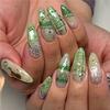 24PCS Sweet Green Flower Almond Press On False Nails Cute Cartoon Rabbit Bow Plaid Stiletto Fake Nails for Women Simple Ins Nail