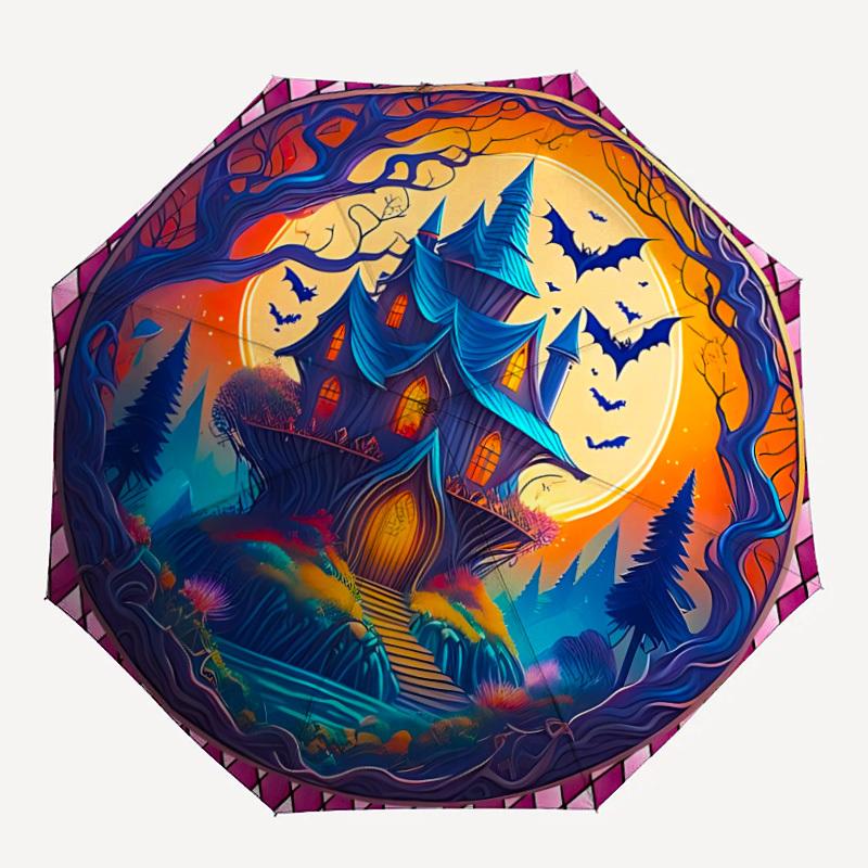 1pc Haunted Castle Automatic Open/Close Umbrella - Portable Collapsible Umbrella with 8-Rib Stability, Fashion Lovers Yy251017171