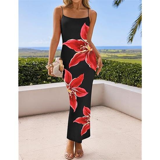 Damen Sommer Sexy Träger Ärmellos Blumenprint Eng Langes Kleid