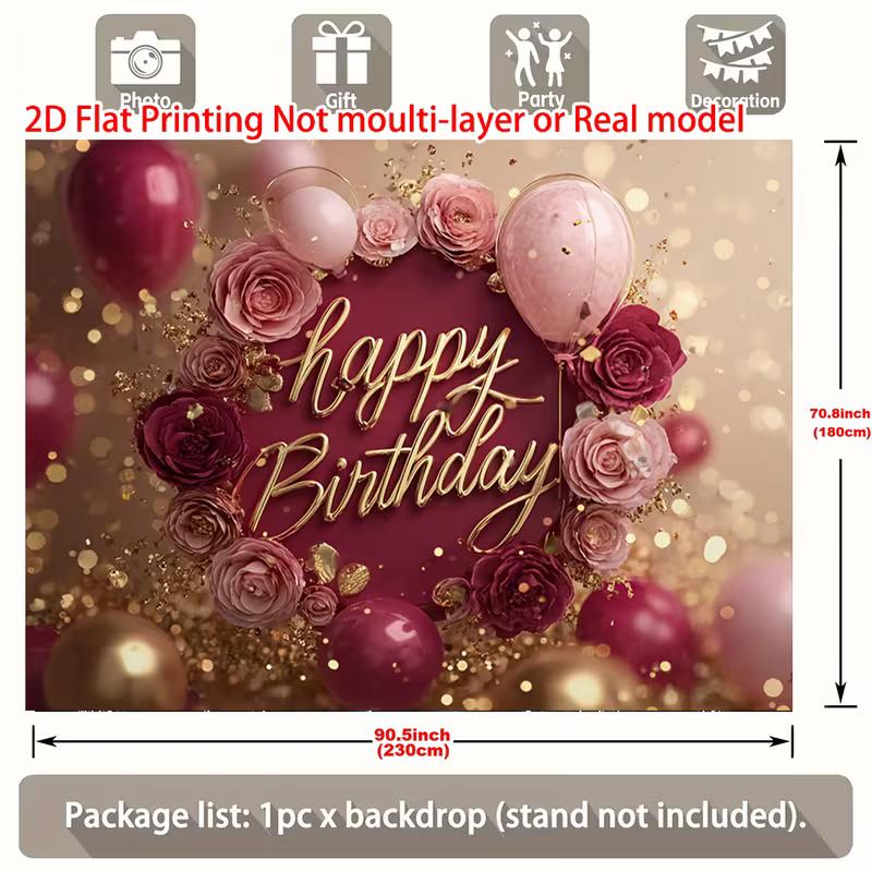 2D Elegant Burgundy Gold Happy Birthday Background Cloth with Flowers