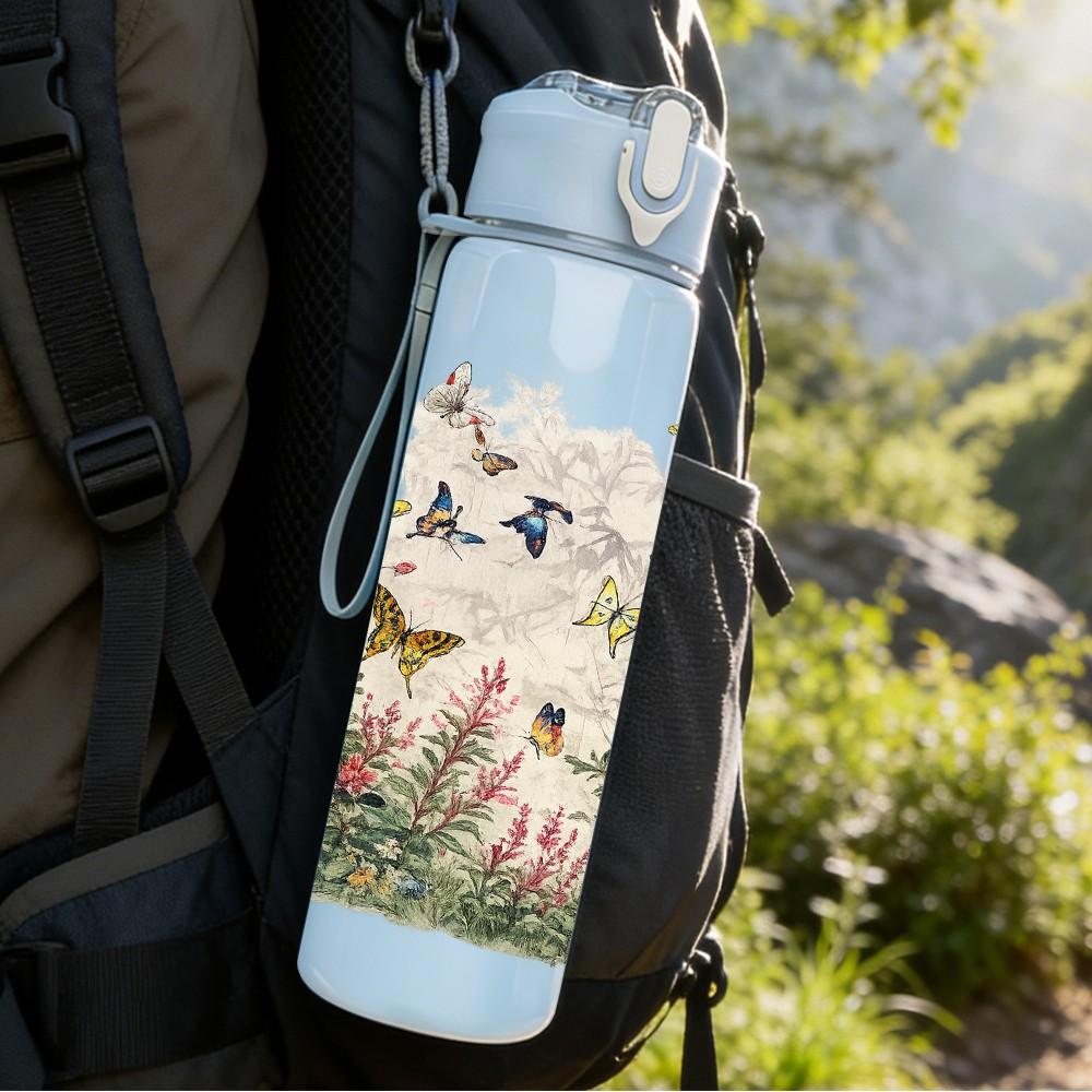 1PC Light Pastel Meadow Wildflower Print 750ml Color Plastic Sports Water Bottle Leakproof Flip Straw Lid Suitable for Sports Office Home Use