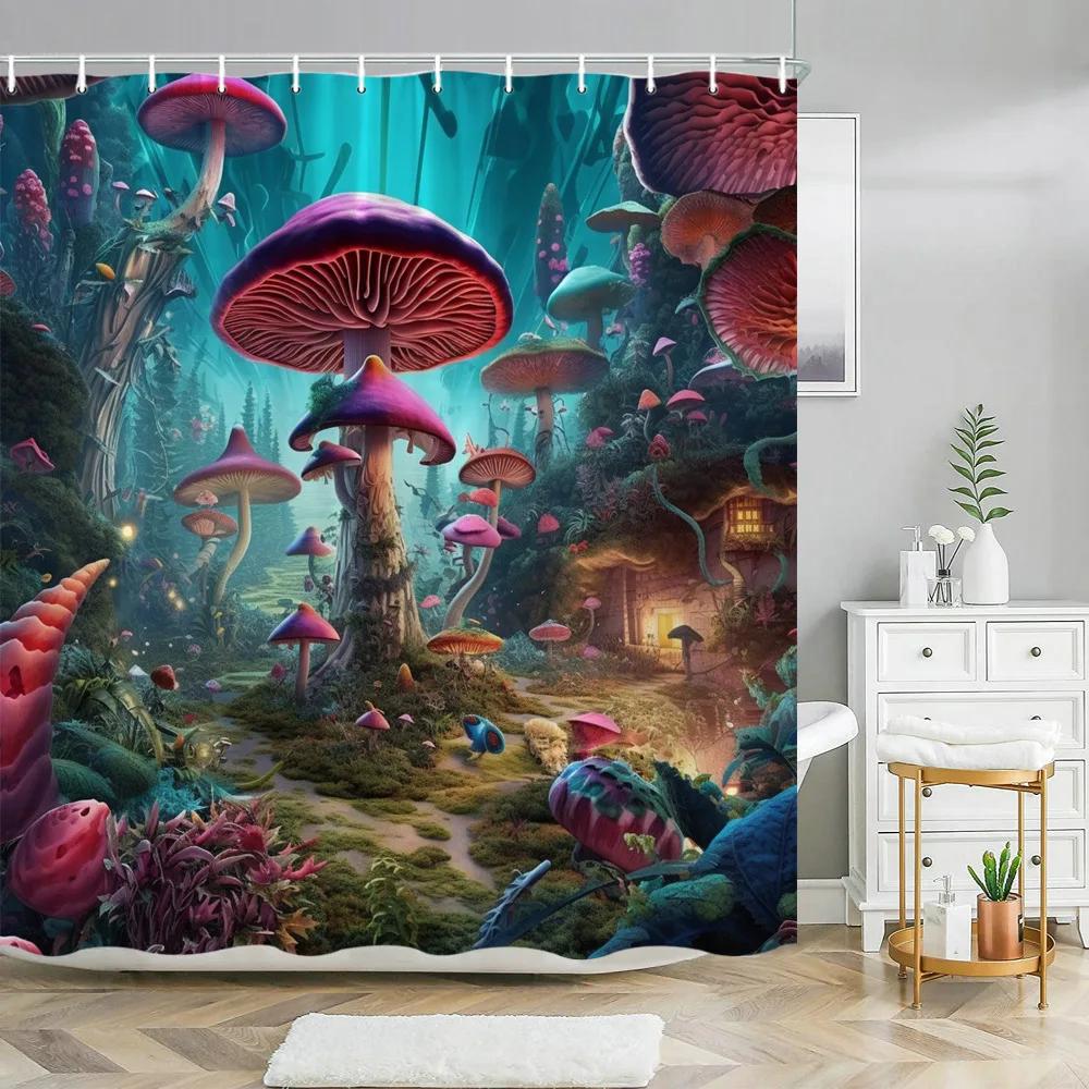Fantasy Pilz Duschvorhänge Märchenwald Baum Gothic Paneel Dschungel Grün Zen Fluss Badezimmer Dekor Duschvorhang mit Haken