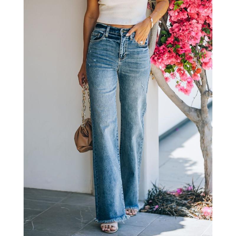 Spring Autumn Summer Women's Jeans High Waist Wide Leg Pant Raw Edge Denim Trousers