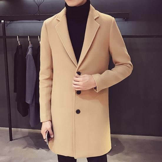 Men Suit Coat Lapel Long Sleeve Solid Color Mid-length Suit Jacket Slim Fit Single-Breasted Autumn Winter Woolen Coat