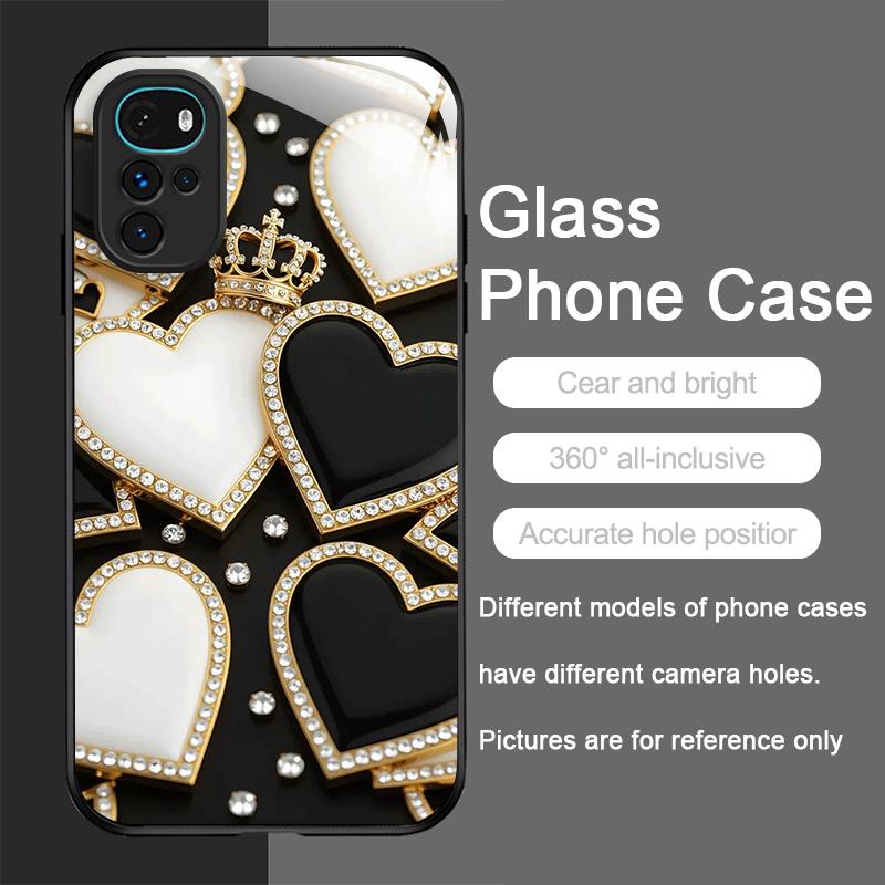 Stylish Black White Heart with Pearls Tempered Glass Phone Case for Motorola Moto G85 G84 G75 Edge 50 Fusion 40 Neo 30 Pro Cover