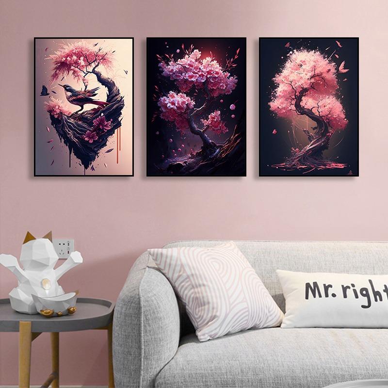 Japanese Sakura Wall Art Poster Print Canvas Painting Pink Watercolor Cherry Blossom Aesthetic Pictures for Living Room Decor