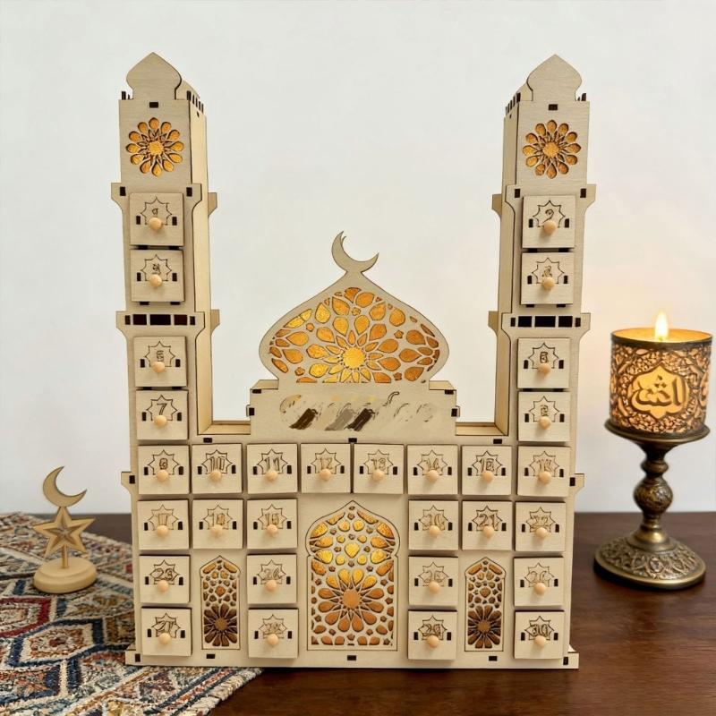 Wood Eid Advent Calendar with LED Light and 30 Drawer Countdown Calendar for Ramadans Table and Home Party Decorations