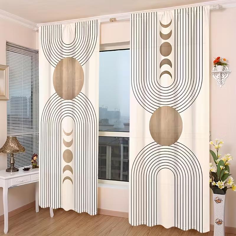 2pcs Boho Geometric Moon Phase Pattern Curtains, Designed for Light Blocking, Premium Material, Suitable for Living Room, Bedroo