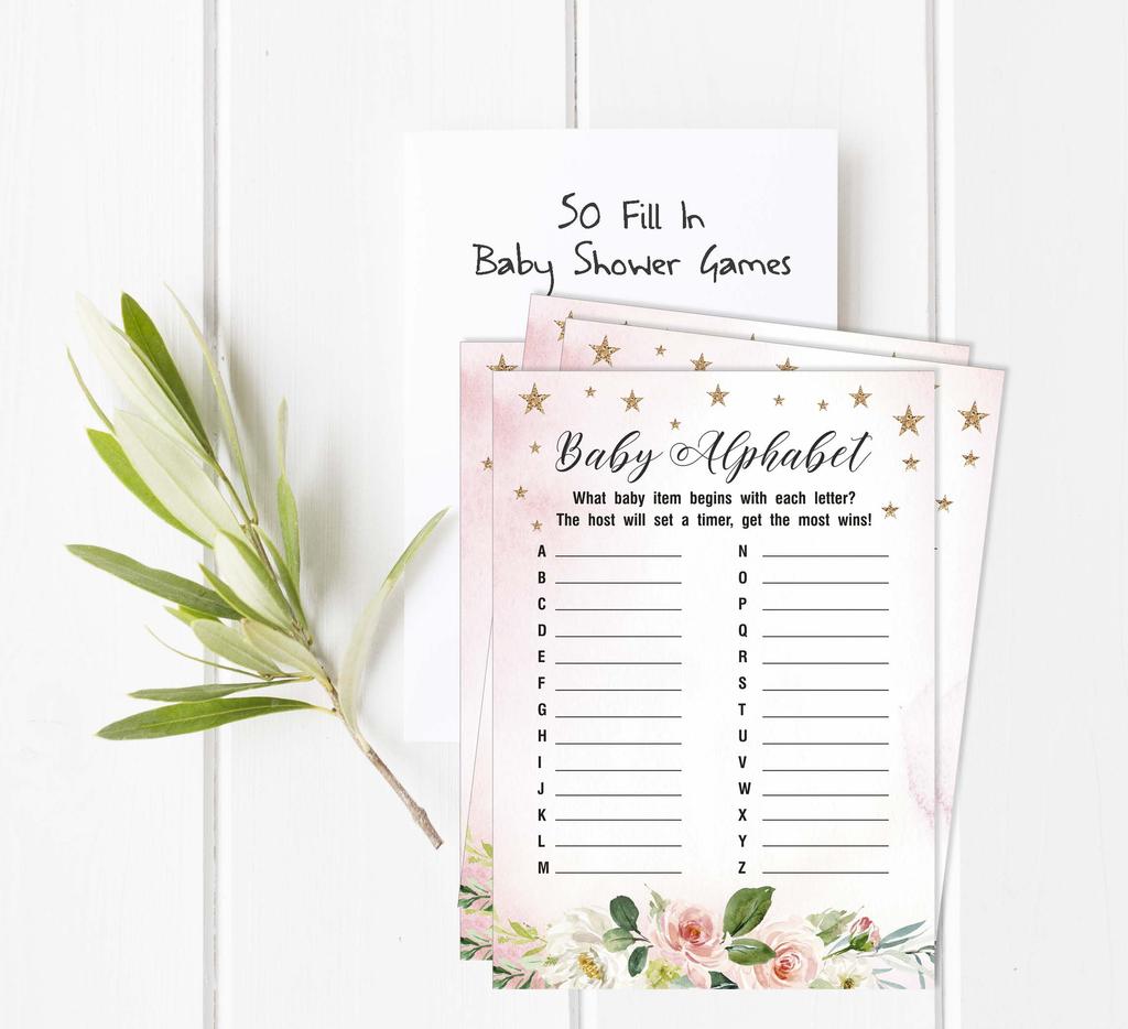 Inkdotpot Gender Reveal Floral Baby Shower Game Set Of 50 BabyA AlphabetA ABCA Game Ita s A Boy Ita s A Girl Party