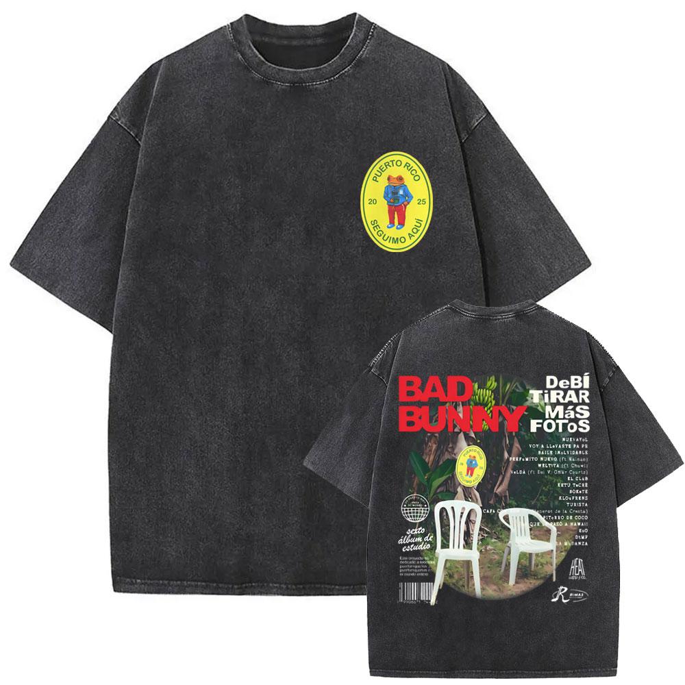 Tvättad Vintage Rapper Bad Bunny Ansikte Grafisk T-shirt DeBi TiRAR MaS FOToS DTMF Tryck T-shirts Herr Hip Hop Retro Överdimensionerad T-shirt