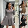Women's Autumn Solid Waist-Hugging Long-Sleeve Collared Short Dress