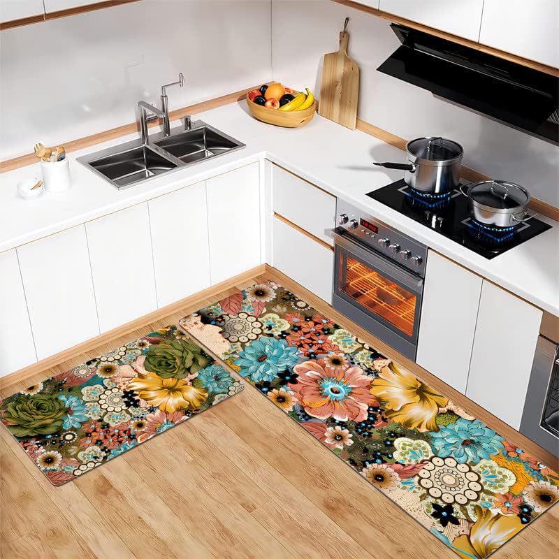 2 Stück Vintage Küchenbodenmatte Boho Floral Eingangsbereich Fußmatte Heimdekor Rutschfest Langer Streifen Kristall Samt Teppich