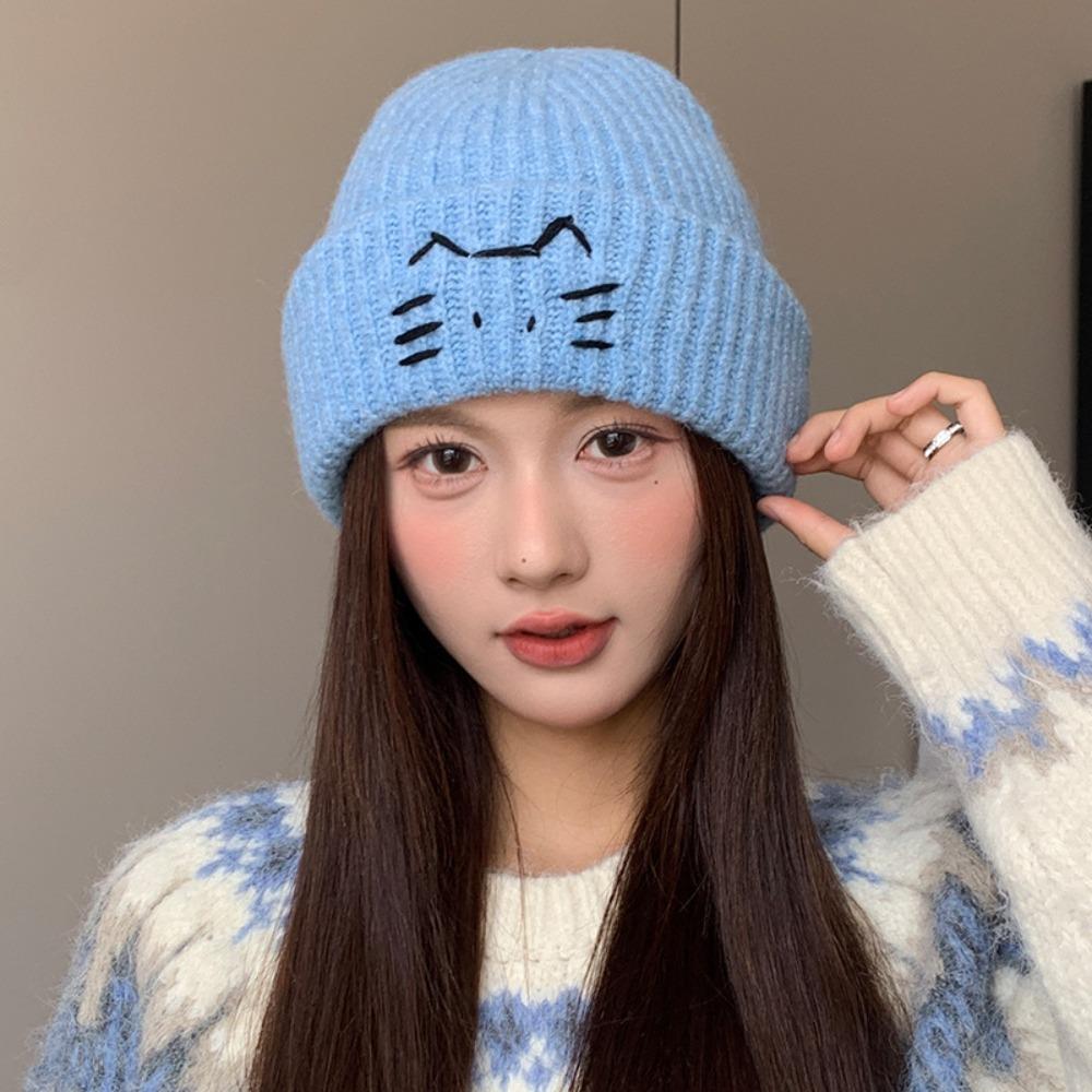 Warm Knit Beanies Embroidered Kitten Printing Knit Cap Sweet Cute Cat Knitted Hat Winter