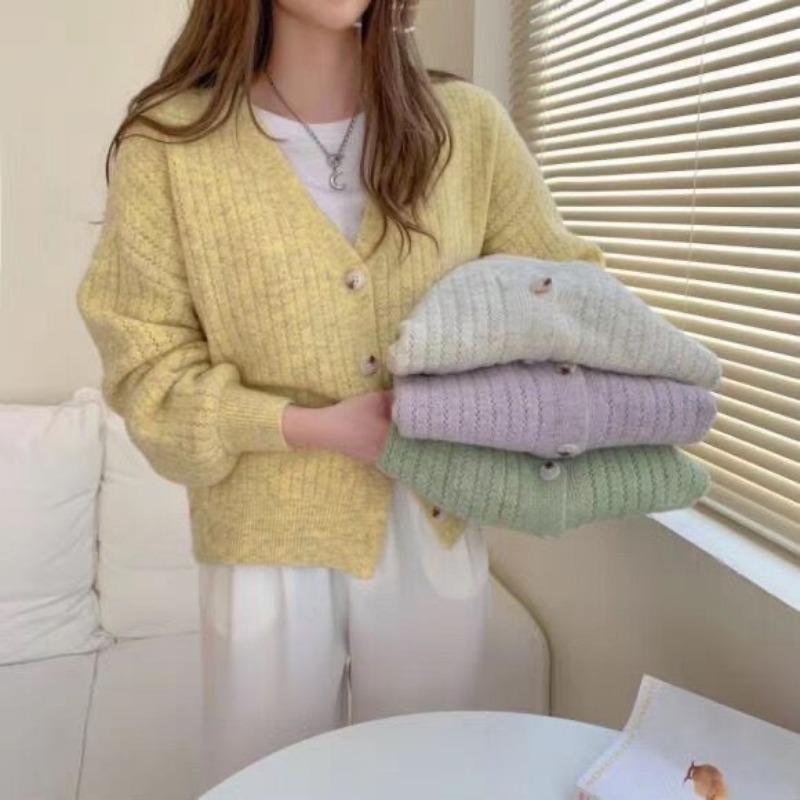 Novo Suéter Feminino Casual Elegante de Gola V Solto para Escritório Moda Cardigã Jaqueta para Mulher de Escritório Peça Externa Lisa Outono Inverno Casaco de Tricô Roupa Simples