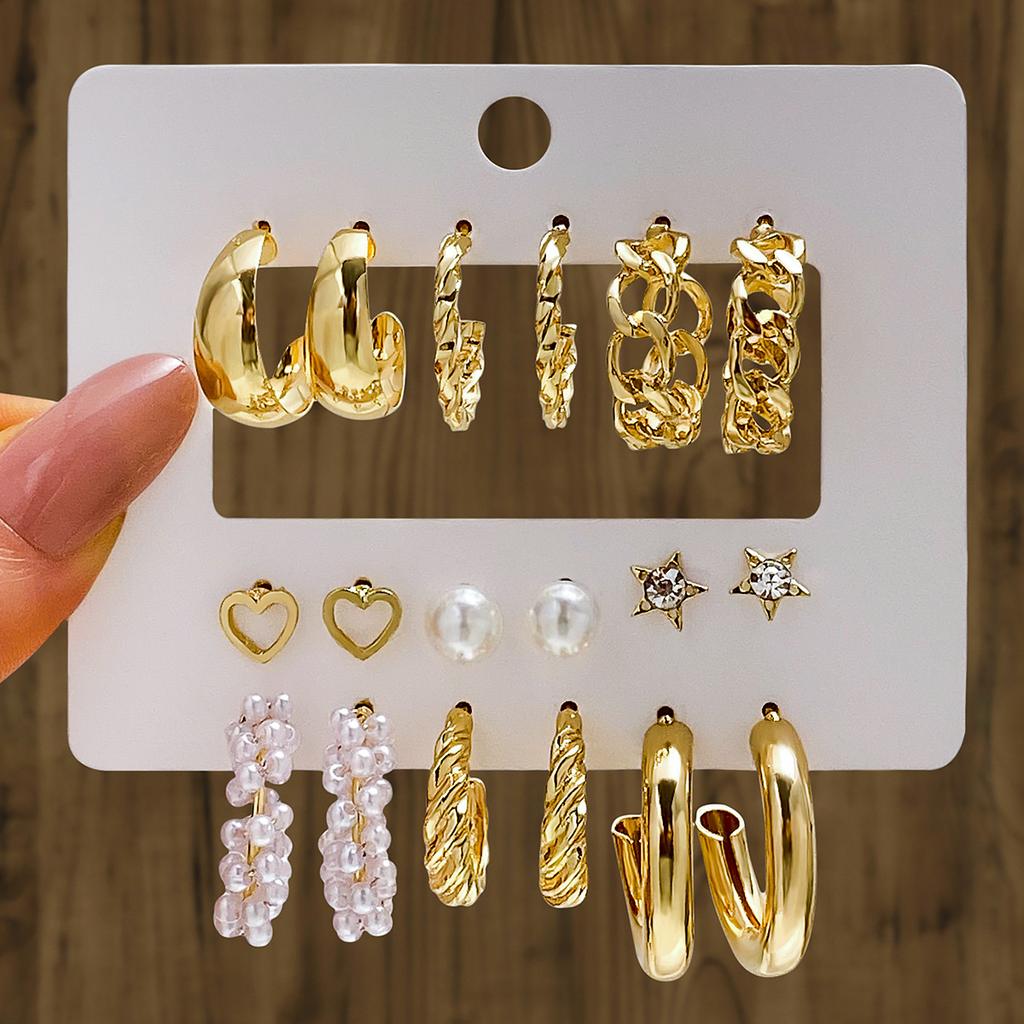 New Simple Earrings Creative Personality Fashion Inlaid Rhinestone Large Circle Earrings Set 9 Pairs of Earrings Women