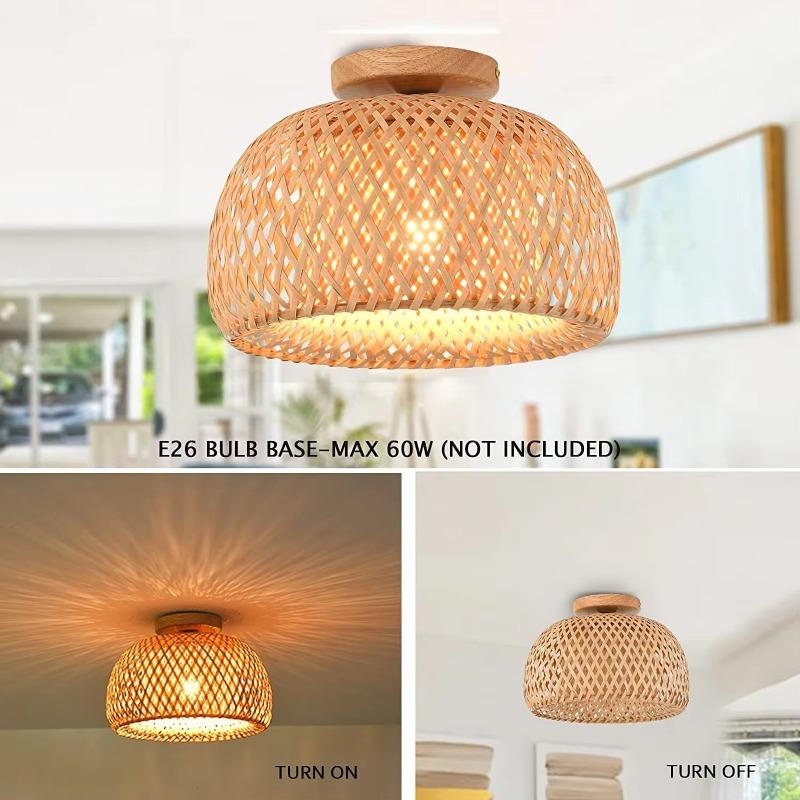 Vintage Bamboo E27  Retro Ceiling Light Hand Woven Bamboo Rattan Boho Light for Farmhouse Kitchen Island Dining Room Home Decor