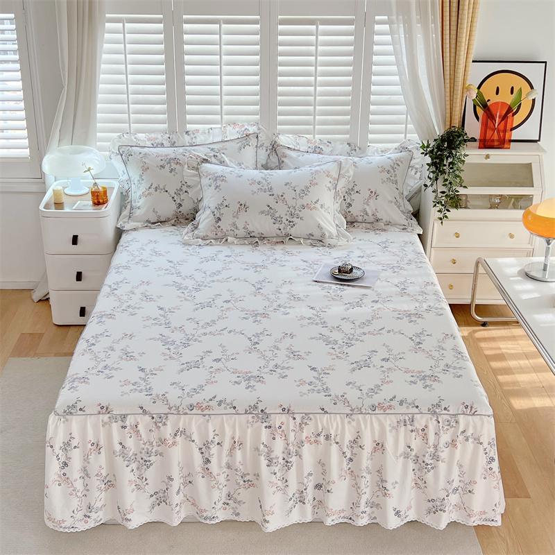 1c Fustă de pat din bumbac pur Stil floral Cuvertură de pat Protector de saltea cu dantelă Plapumă prietenoasă cu pielea roupa de cama (Fara fata de perna)