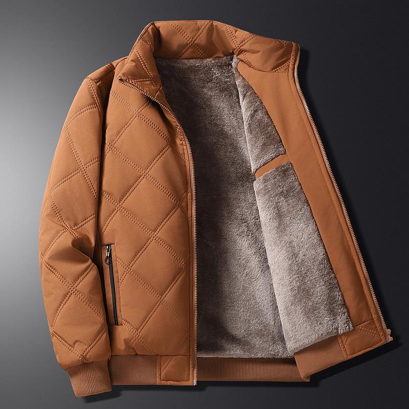 Men’s 2025 Winter Stand Collar Windproof Cotton Jacket - Thick Velvet, Middle-Aged Dad Style