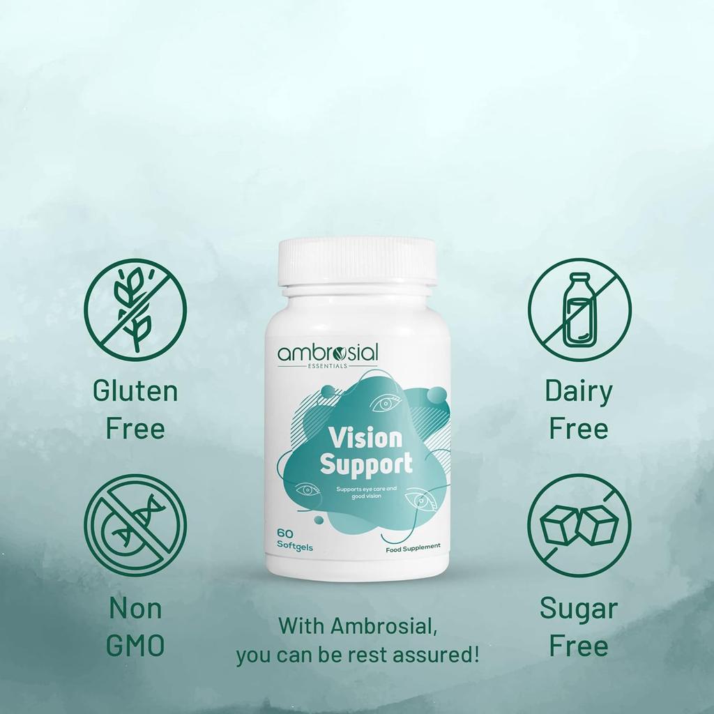 AMBROSIAL Supplément de Soutien Visuel Luteine et Zéaxanthine Supplément de Soutien Oculaire avec Vitamine A, Oméga 3, Pépins de Raisin, Thé Vert(Lot de 2-120 Gélules Molles)