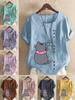 Women's Fashion Cat Print Casual Cotton Linen Short Sleeve Round Neck T-shirt Shirt Leisure Loose Summer Blouse Tops