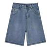 HWomen Denim Shorts High Waist Vintage Washed Straight Wide Leg Pure Color Button Zipper Closure Streetwear Knee Length Jeans Short Pants