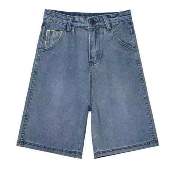 HWomen Denim Shorts High Waist Vintage Washed Straight Wide Leg Pure Color Button Zipper Closure Streetwear Knee Length Jeans Short Pants