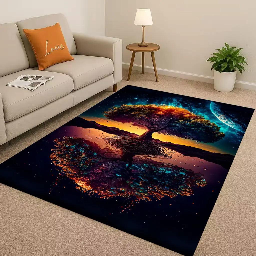 3D Bunter Baum des Lebens Yggdrasil Keltisches Runen Wohnzimmer Rutschfester Teppich für Schlafzimmer Spielzimmer Sofa, Heimdekoration Fußmatte