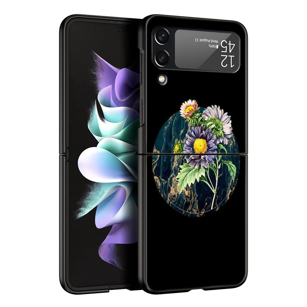 Vintage Flower Botanical Marble Phone Case for Samsung Galaxy Z Flip 3 4 5 Black Folding Mobile Shell Hard Coque Protect Cover