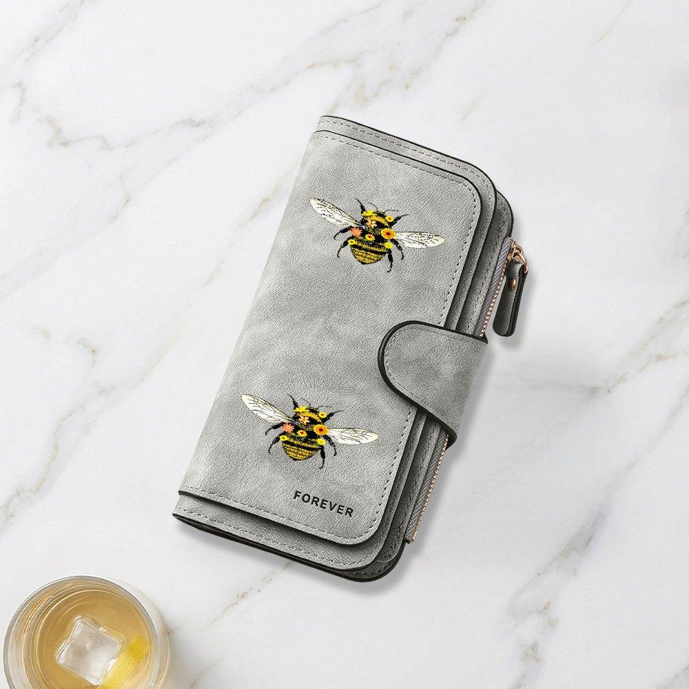 Long Wallet with Bee Illustration and Flower Print Multifunctional Portable Snap Closure Coin Purse Suitable for Both Men and Women Daily Use Travel
