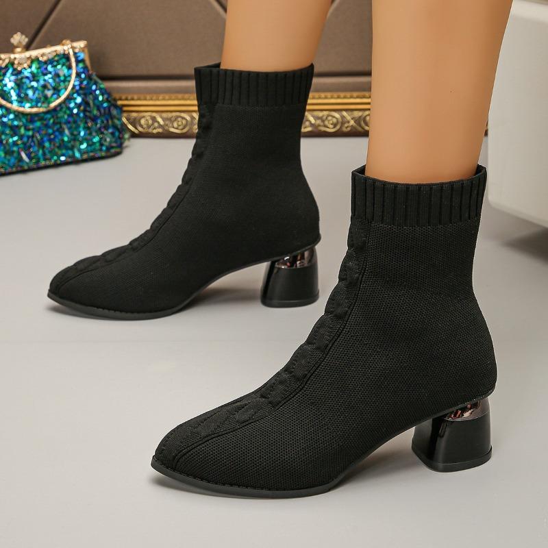 Fashion Women 2025 New Fashion Elegant Knitted Stretch Fabric Ankle Boots Spring Autumn Pointed Square Heels Sewing Chelsea Boots Women