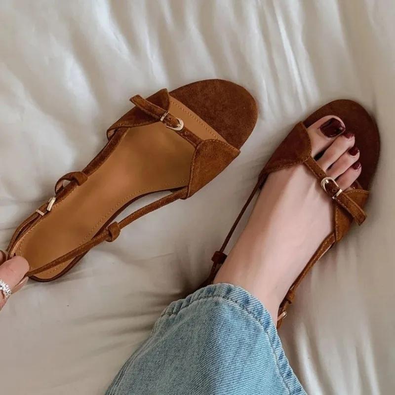Summer Vintage Line with Flat Sandals Design Sense Open Toe Slippers Casual Holiday Beach Shoes Light Single Shoes Sandals
