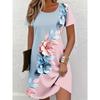 Women'S Dress, Fashionable Round Neck, Contrasting Color, Three-Dimensional Floral Print, Short-Sleeved Mini Dress
