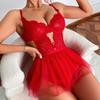 Lace Sexy Lingerie Set Women 2-Piece Red Backless Bodysuit Mesh Ball Gown Bow Panty Intimates Valentine Day Erotic Underwear