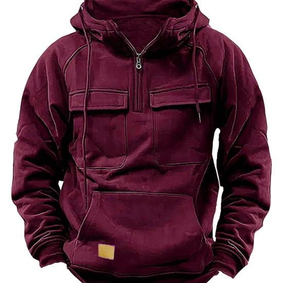 Yousheng Spring Autumn Men Hoodie Cargo Style Drawstring Big Patch Pocket Half Zipper Long Sleeves Solid Color Casual Daily Wear Sport Top