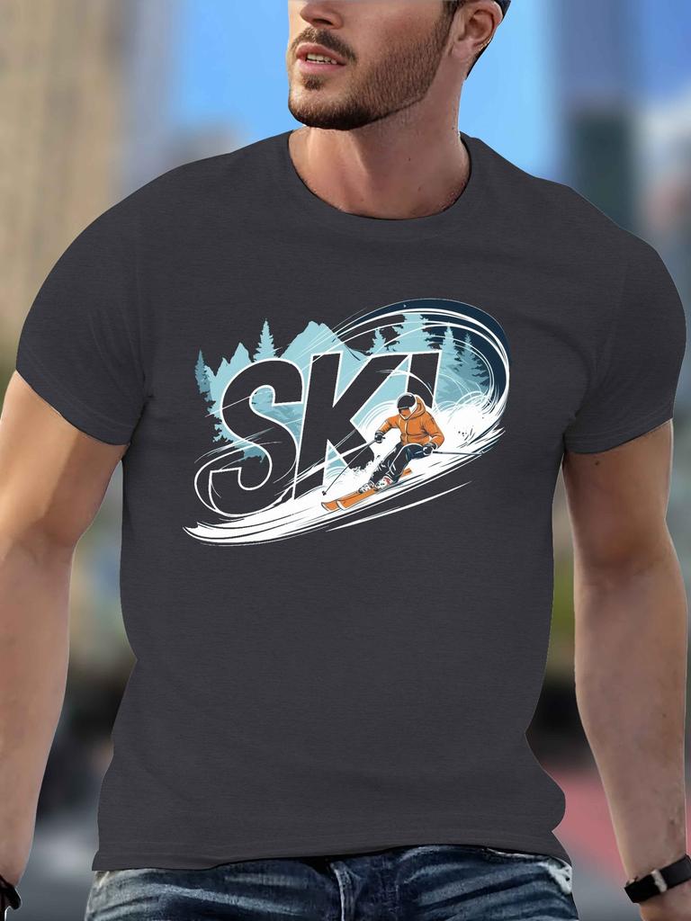 T-shirt Graphique Skieur Ski Homme Décontracté Coton Manches Courtes Vêtement de Sport