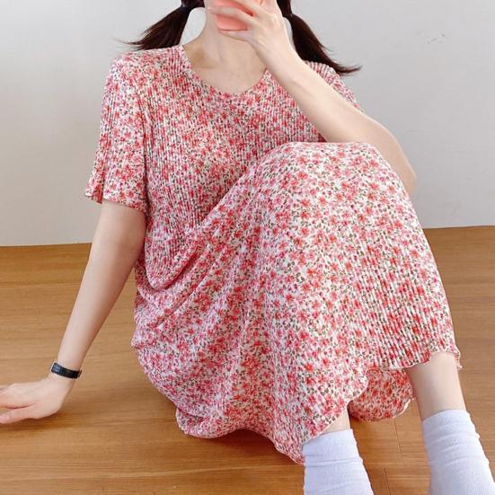 Summer Women Dress Small Flower Print Crew Neck Loose Short Sleeves Pleated Mid-calf Length Pullover Dating Shopping Midi Dress