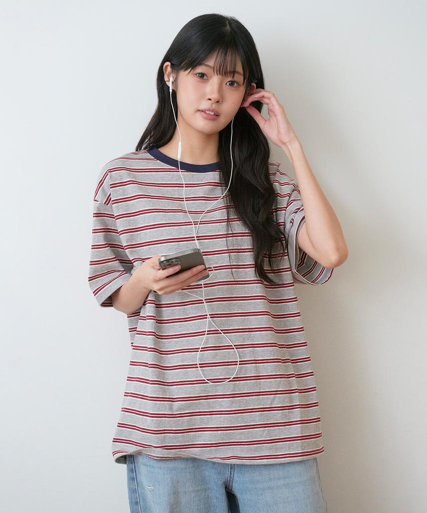 Sayu Striped Biscuit Short Sleeve Tee Gray